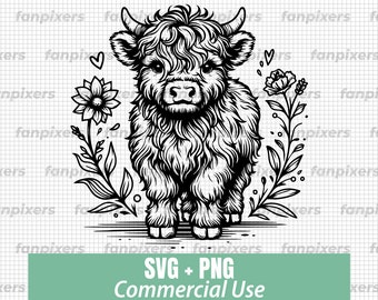 Floral Baby Highland Cow SVG PNG, Cow Svg, Cute Cow Svg, SVG Files for Cricut, Commercial Use, Instant Digital Download, Vector Highland Cow