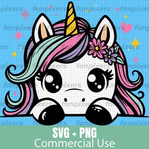 Kleur gluren schattige Eenhoorn SVG PNG, Eenhoorn illustraties, Eenhoorn kawaii SVG, Eenhoorn svg, silhouet snijden, Svg-bestanden voor Cricut