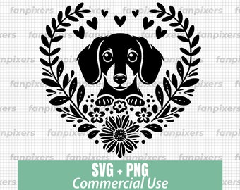 Floral Teckel SVG PNG : usage commercial, prêt pour la Cricut (téléchargement numérique)