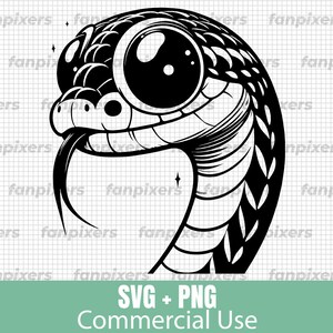 Peut inclure: Illustration en noir et blanc d'un serpent de dessin animé avec un gros œil. Le serpent est enroulé en cercle avec sa queue dans sa bouche. Le serpent a une expression mignonne et amicale.