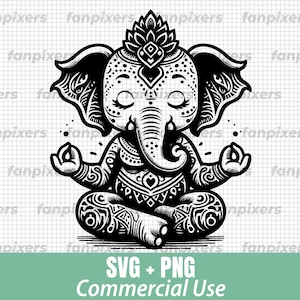 Może przedstawiać: Czarno-biała ilustracja medytującego słonia z misternymi wzorami i koroną na głowie. Słoń siedzi w pozycji lotosu z zamkniętymi oczami.