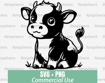 Bundle bébé vache SVG PNG, Clipart vache Kawaii, fichier de coupe Cricut, Silhouette, conception de chemise vache, animaux de la ferme SVG, usage commercial, téléchargement