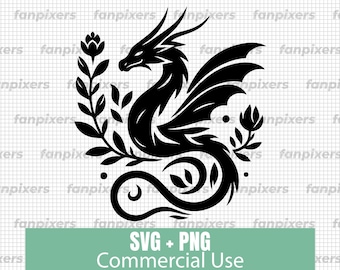 Diseño de tatuaje SVG de dragón floral, dragón botánico PNG para Cricut, archivo de corte de pegatina de dragón de fantasía DESCARGAR