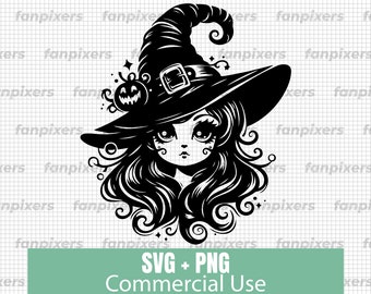 Archivo de corte SVG PNG de bruja de Halloween para Cricut, imágenes prediseñadas de bruja linda, descarga instantánea, calcomanía para camiseta, diseño de chica espeluznante, SVG para uso comercial