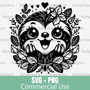May include: Black and white illustration of a sloth with a flower crown and leaves around it. The sloth has large eyes and a happy expression. The image is in a circular shape.