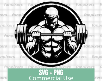 May include: Black and white illustration of a muscular person lifting a barbell, set within a circular frame. The image is a graphic design, with the text "SVG + PNG Commercial Use" at the bottom, indicating its suitability for digital projects.