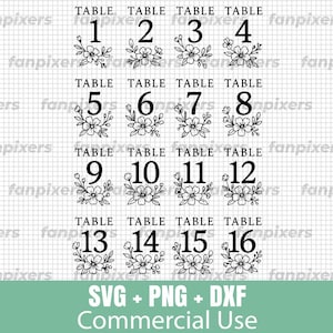 Numéros de table floraux pour événements, mariages et communions SVG, PNG, DXF - usage commercial, téléchargement numérique, décoration de table, panneaux de réception