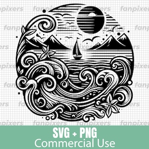 May include: Black and white illustration of a sailboat on a wavy ocean with mountains in the background and a full moon in the sky.