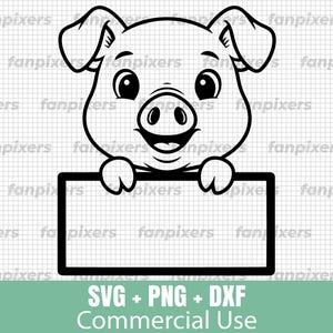 Könnte beinhalten: Schwarz-weiße Cartoon-Zeichnung eines Schweins, das ein leeres rechteckiges Schild hält. Das Schwein hat große Augen, einen lächelnden Mund und große Ohren. Das Schild ist schwarz umrandet. Darunter steht "SVG + PNG + DXF Commercial Use."