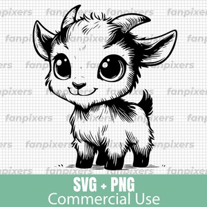 Black and white cute goat SVG and PNG design for digital download, ideal for DIY crafts and commercial use.