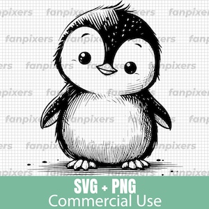 Schattige pinguïn tekening SVG en PNG voor commercieel gebruik. Digitale download, perfect voor t-shirts, stickers, emblemen, tatoeages en doe-het-zelf-projecten.