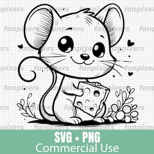 Jolie souris tenant un fromage SVG et PNG à usage commercial. Téléchargement numérique parfait pour les projets de bricolage, les autocollants et plus encore !