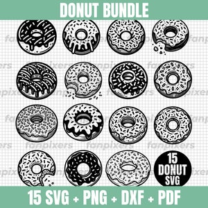 May include: A set of 15 black and white donut SVG files. The donuts are illustrated in a hand-drawn style with various toppings, including sprinkles, chocolate, and frosting.