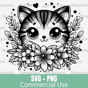 Joli chat floral SVG et PNG. Parfait pour une utilisation commerciale, le téléchargement numérique, les projets de bricolage, les chemises, les autocollants et plus encore.