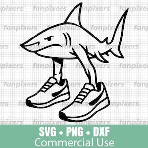 May include: A black and white graphic depicting a shark with legs and trainers. The shark has an angry expression. The image includes the text "SVG + PNG + DXF Commercial Use" in a green rectangle.