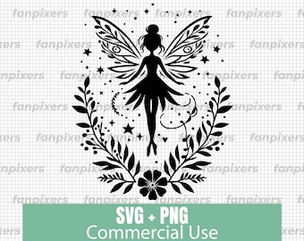 Puede incluir: Silueta en blanco y negro de un hada con alas, rodeada de una corona de hojas y flores. El hada tiene una estrella en la frente y vuela con los brazos extendidos. La imagen incluye el texto "SVG + PNG Commercial Use".