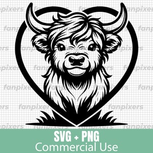 Vaca de las Tierras Altas dentro de un corazón SVG y PNG. ¡Perfecta para uso comercial, descarga digital, proyectos de Cricut, calcomanías, camisetas y más!