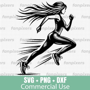 Runner Girl SVG, PNG, and DXF for Commercial Use. Perfect for t-shirts, stickers, decals, Cricut crafts, and digital downloads.