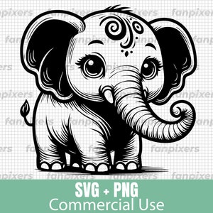 May include: A black and white illustration of a charming baby elephant with big eyes and a curled trunk. The elephant has decorative swirls on its head. The text "SVG + PNG Commercial Use" is at the bottom.