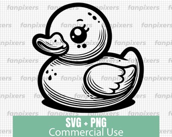 May include: A black and white line drawing of a rubber ducky. The ducky is facing the right side of the image. The ducky has a large, round body and a small head with a beak. The ducky has a large, round eye and a small, round nose.