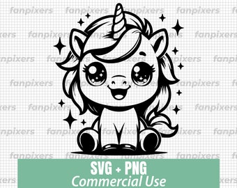 May include: Black and white illustration of a cartoon unicorn with large eyes and a happy expression. The unicorn is sitting with its legs crossed and has a horn and mane.