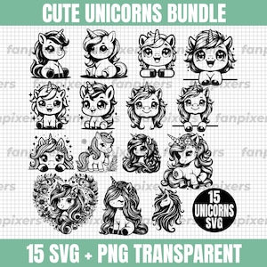 PAQUETE 15 lindos unicornios SVG PNG, clip art de unicornio, unicornio kawaii SVG, unicornio svg, archivo de corte de silueta, archivos svg para Cricut, uso comercial
