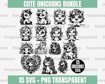 May include: A set of 15 black and white SVG and PNG unicorn illustrations. The unicorns are in various poses, including standing, sitting, and lying down. Some of the unicorns have flowers in their hair. The text "15 SVG + PNG TRANSPARENT" and "15 UNICORNS SVG" is included in the image.