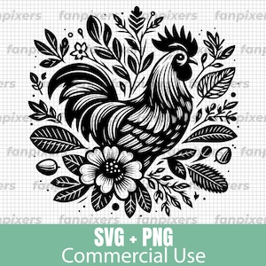 Pollo floral SVG PNG, Gallo Svg, Animal de granja Svg, Archivos SVG para Cricut, Uso comercial, Descarga digital instantánea, gallina, animal de corral