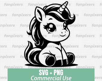 Kawaii Jednorożec SVG PNG, Uroczy Jednorożec Clipart, Plik Cricut, Naklejka winylowa, Naklejka, Sylwetka, Projekt koszulki, Użytek komercyjny, Pobieranie cyfrowe