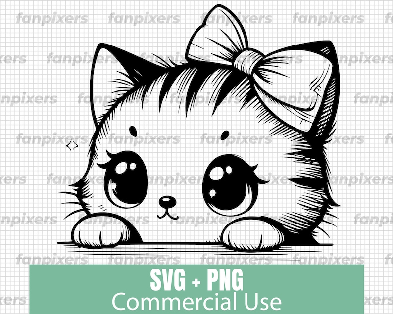 Adorable peeking kitty design in black and white, available as a digital SVG and PNG. Perfect for t-shirt designs, stickers, decals, and DIY projects.