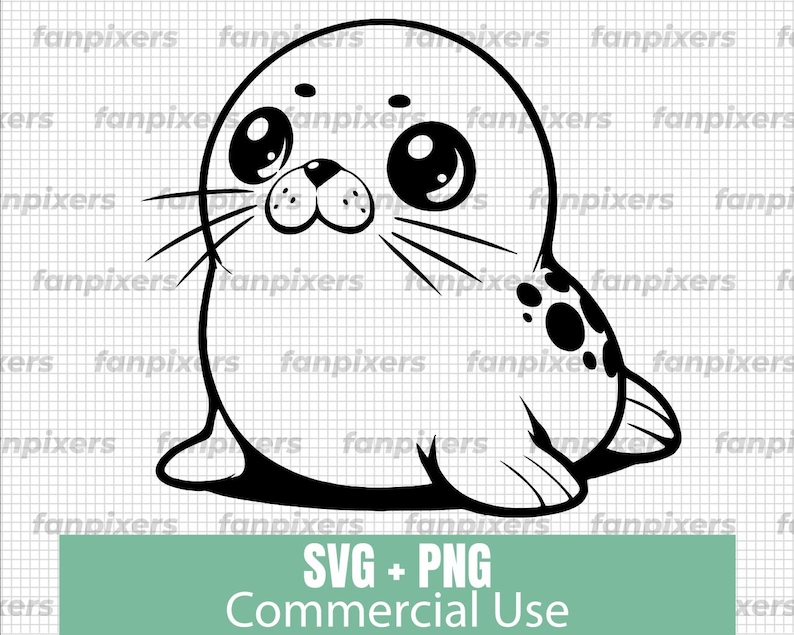 Black and white SVG and PNG of a cute baby seal, perfect for use in DIY projects, t-shirts, stickers, tattoos, vinyl decals, and Cricut designs. Suitable for commercial and personal projects, offering a high-quality, minimalist seal illustration.
