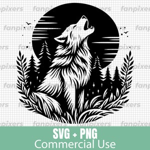 Wolf Howling at the Moon SVG and PNG for Commercial Use. Perfect for DIY projects, t-shirts, stickers, or Cricut designs.