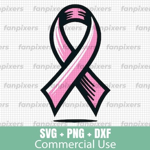 May include: A pink awareness ribbon with a black outline, a symbol of support and solidarity. The ribbon is a vector graphic, with the text "SVG + PNG + DXF Commercial Use" at the bottom.
