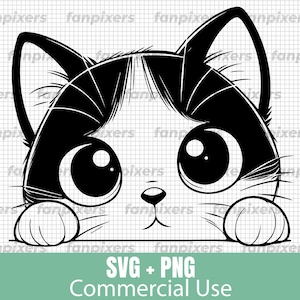 May include: Black and white cartoon cat face with large eyes and paws. The cat's face is mostly black with white markings and large, round eyes. The image includes the text "SVG + PNG Commercial Use" in a green rectangle.