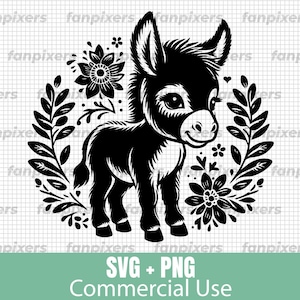 Floral Baby Highland Donkey SVG PNG, Donkey Svg, Cute Donkey, SVG Files for Cricut, Commercial Use, Digital Download, Vector Highland Donkey