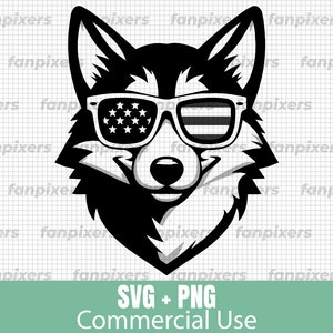 May include: Black and white illustration of a wolf wearing sunglasses with an American flag pattern. The wolf is smiling and has a friendly expression.