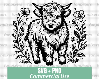 Vaca bebé Highland floral SVG, PNG (Descarga digital)