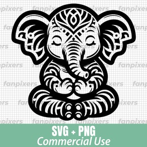 May include: Black and white illustration of a meditating elephant with intricate patterns on its body. The elephant is sitting in a lotus position with its trunk raised and its eyes closed.