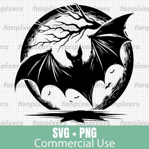 Flying bat in front of the moon SVG and PNG. Perfect for Commercial Use, Digital Download, Cricut projects, tattoos, and more.