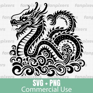 Serpentine Chinese Dragon SVG e PNG, perfetto per uso commerciale. Ideale per fai da te, tatuaggi, decalcomanie e download digitali.