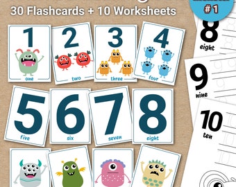 Numbers Flashcards and Worksheets Set 1, Monster Counting Cards,Homeschool Printable, Preschool Learning Bundle, Educational Toy for Toddler