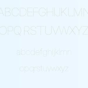 May include: A pale blue background featuring the alphabet in uppercase and lowercase, each letter created from a series of small dots. The letters are in a sans-serif font, with the uppercase letters at the top and the lowercase below.
