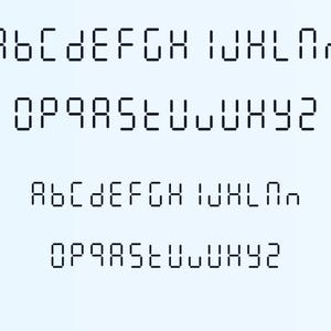Op de afbeelding: Digitaal lettertypeontwerp met het alfabet en cijfers in een minimalistische, pixelachtige stijl. De letters en cijfers worden in rijen weergegeven, met een strakke, moderne esthetiek. Het lettertype is zwart tegen een lichtblauwe achtergrond.