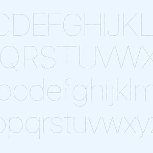 May include: A light blue background displays the alphabet in uppercase and lowercase. The letters are formed by small, evenly spaced dots, creating a dotted line effect. The font is a sans-serif style, with clean lines and a modern aesthetic.