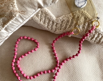 Handykette Holzperlen pink | Perlenkette zum Umhängen mit Karabinern zur Befestigung und einer schönen Quaste | Gesamtlänge ca. 130cm