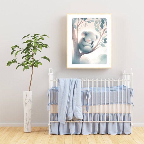 Dreamtime Koala Slumber Art Print - Peaceful Koala Sleeping in Eucalyptus Tree, Soft Pastel Nursery Illustration, Gentle Wildlife Art