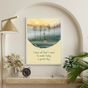 Cartel de la serenidad del amanecer: Paisaje de acuarela con cita inspiradora, arte consciente para la positividad diaria, paisaje del amanecer imprimible