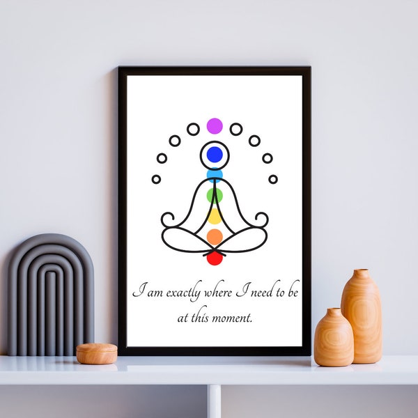 Centered Being Yoga Poster: Chakra Alignment Art with Mindfulness Quote, Digital Print for Present Moment Awareness