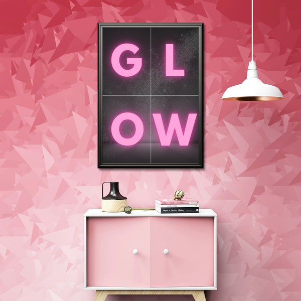 Neon Pink GLOW Sign Art Print: Bold Typographic Poster, Vibrant Illuminated Lettering, Modern Wall Art for Trendy Home Decor