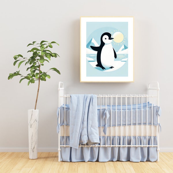 Joyful Penguin Daylight Art Print - Sunny Arctic Landscape, Cheerful Penguin Illustration, Bright and Modern Antarctic Decor